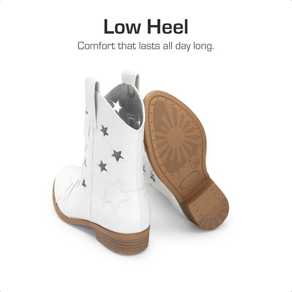 Girls White  Cowgirl Mid Calf Glitter Western Boots Toddler Star  Riding Shoes - Picture 4 of 6